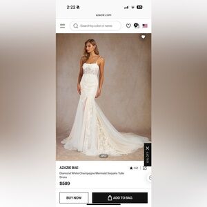 NWT Azazie Bae Diamond White Champagne Mermaid Sequins Tulle Dress